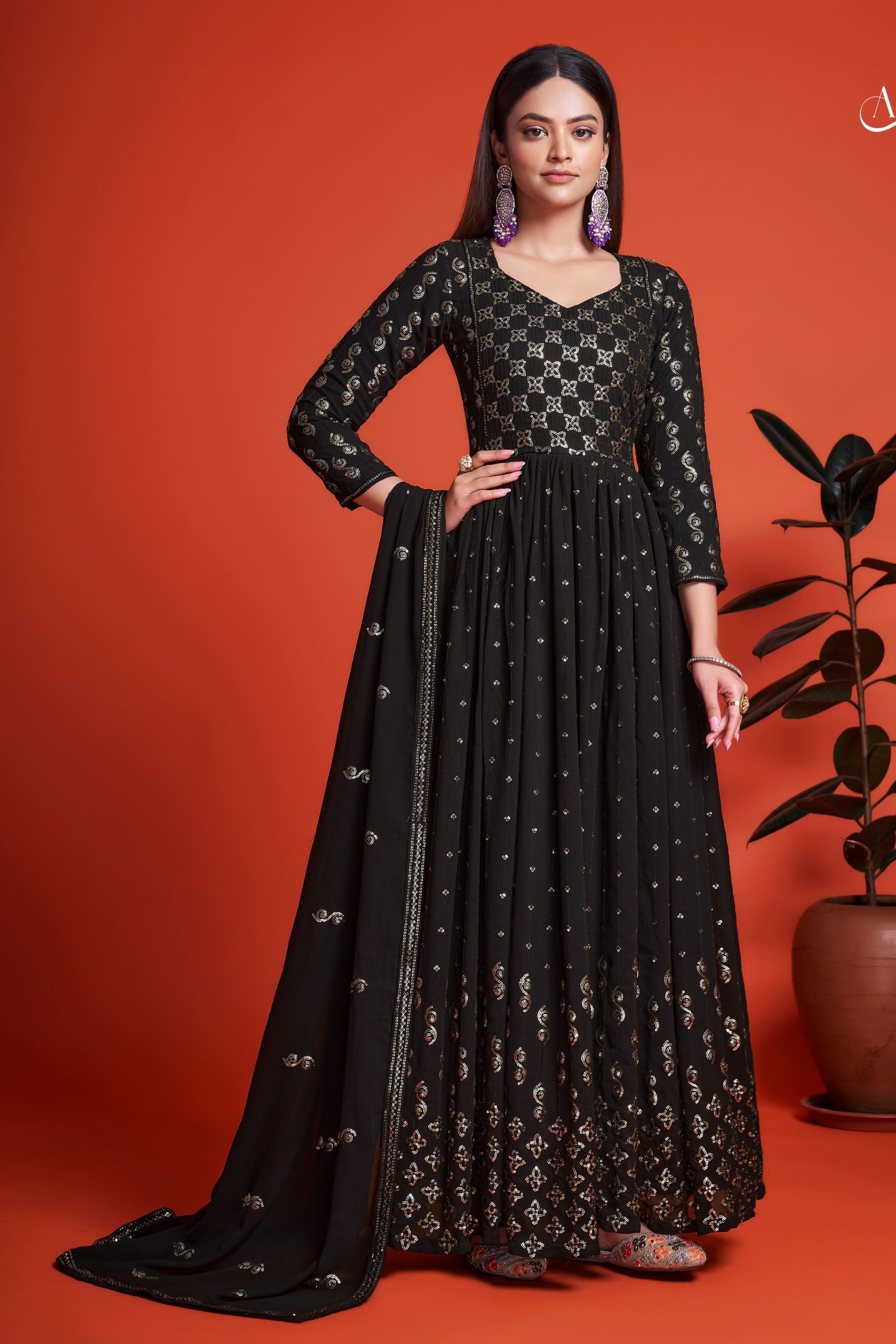 Black Pakistani Georgette Anarkali Gown For Indian Festivals & Weddings - Sequence Embroidery Work, Thread Embroidery Work,