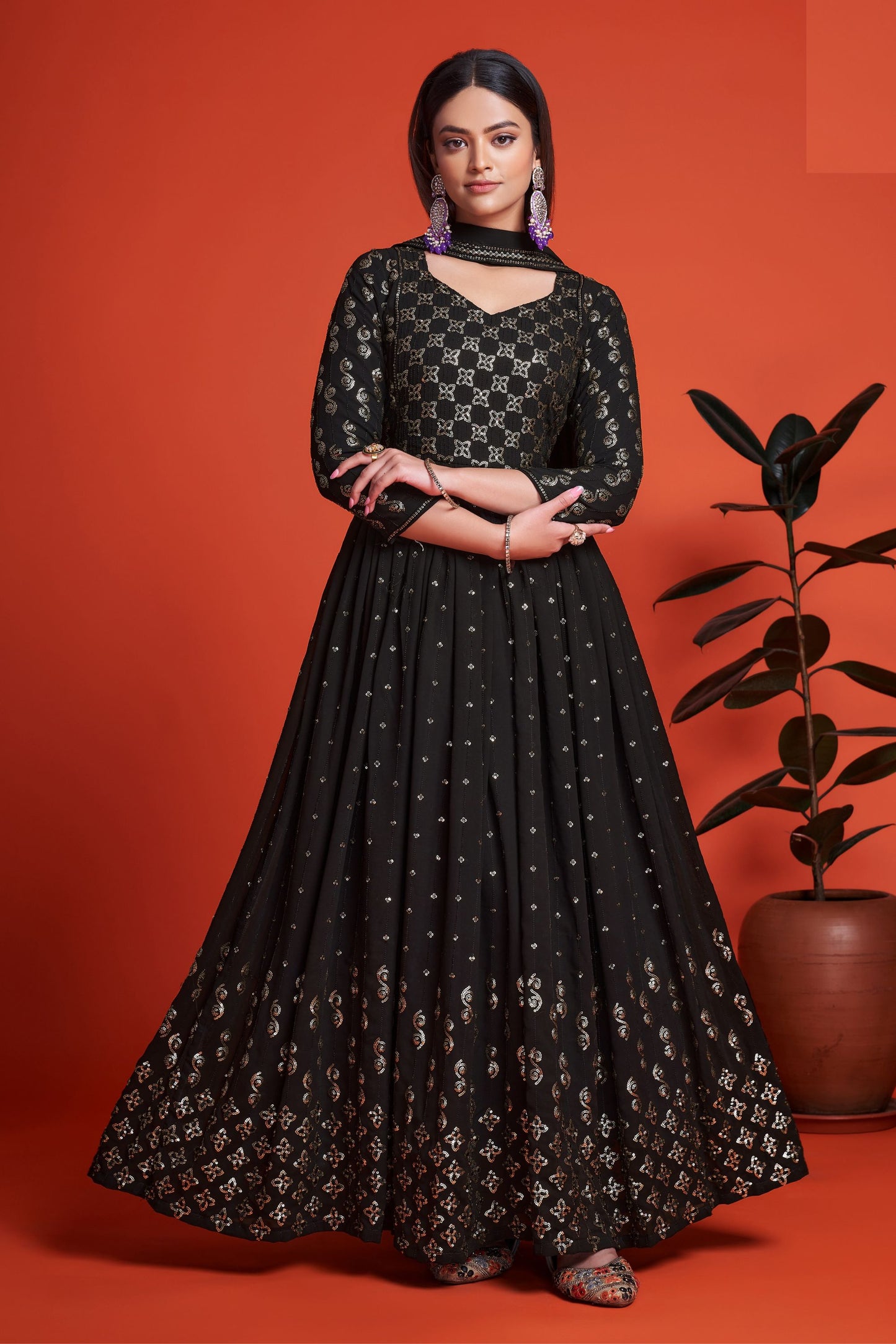 Black Pakistani Georgette Anarkali Gown For Indian Festivals & Weddings - Sequence Embroidery Work, Thread Embroidery Work,