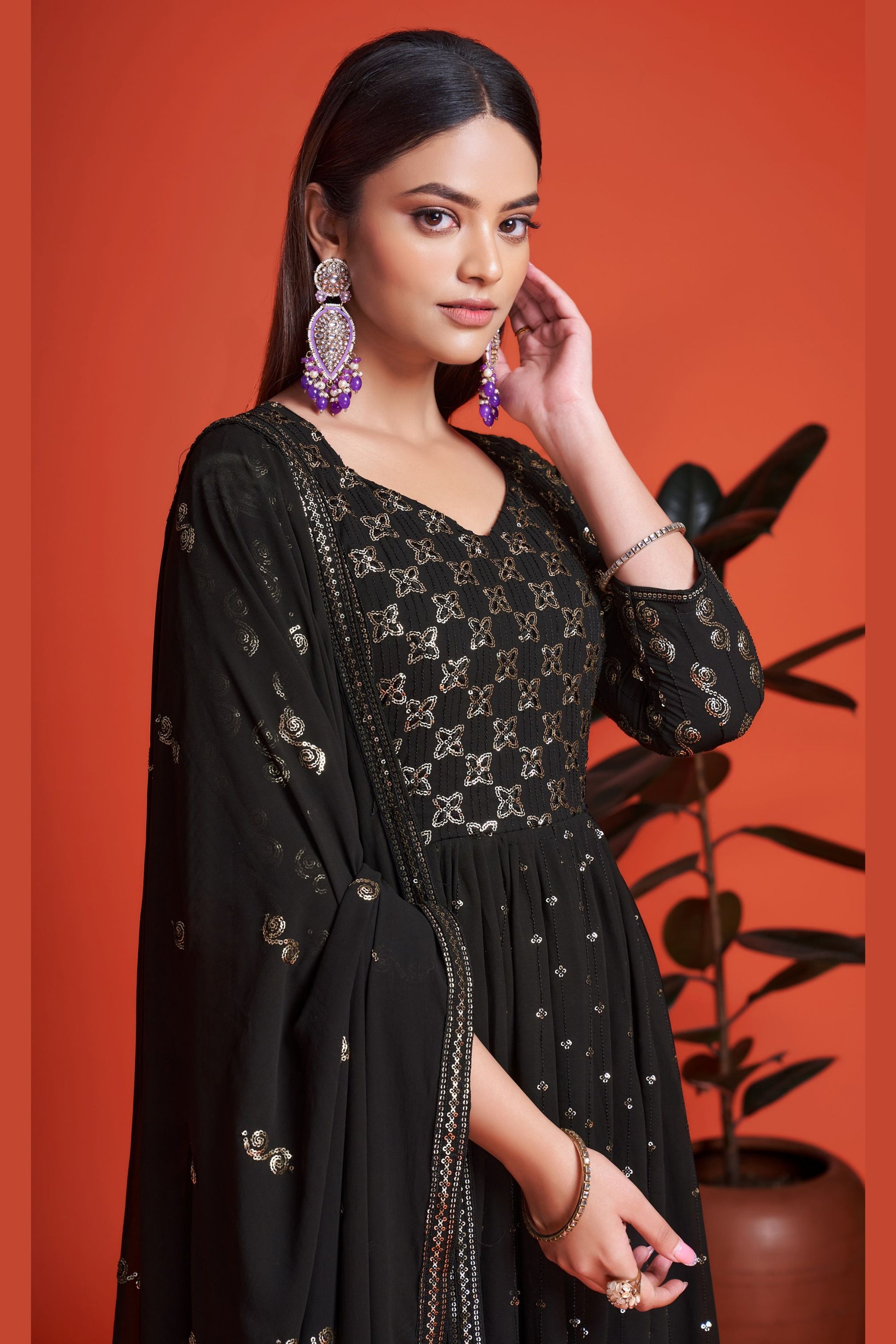 Black Pakistani Georgette Anarkali Gown For Indian Festivals & Weddings - Sequence Embroidery Work, Thread Embroidery Work,