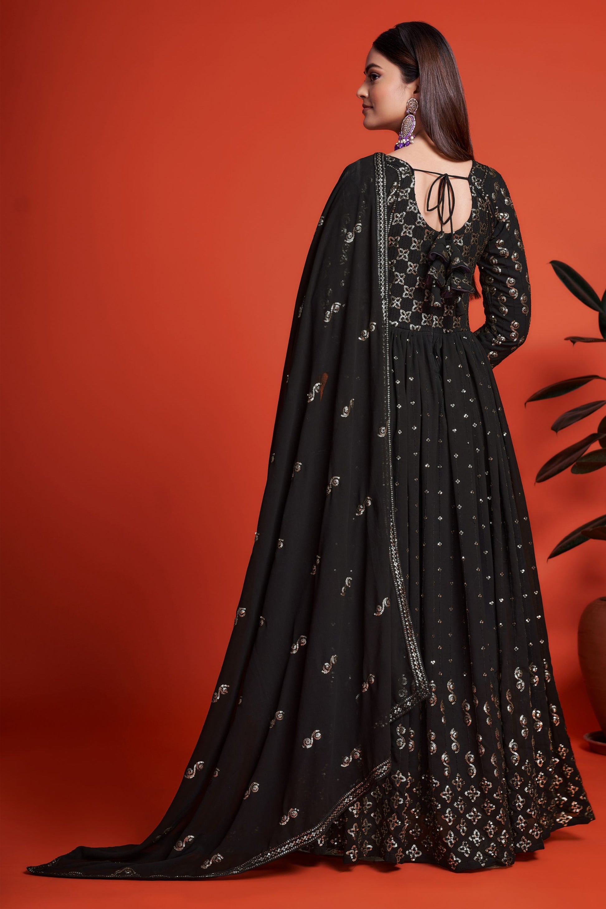 Black Pakistani Georgette Anarkali Gown For Indian Festivals & Weddings - Sequence Embroidery Work, Thread Embroidery Work,