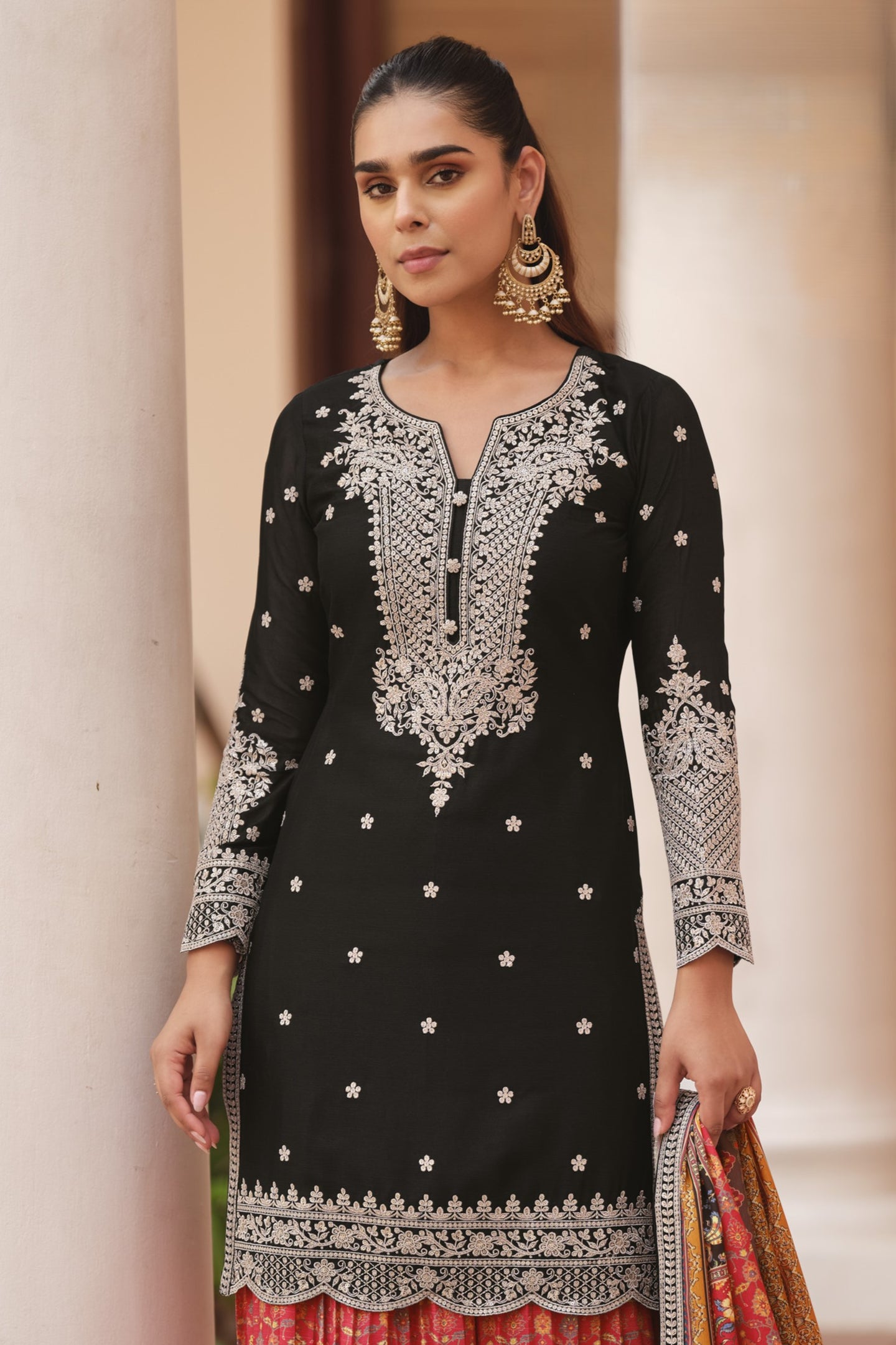 Black Palazzo for Women in Chinon Silk with Print & Embroidery