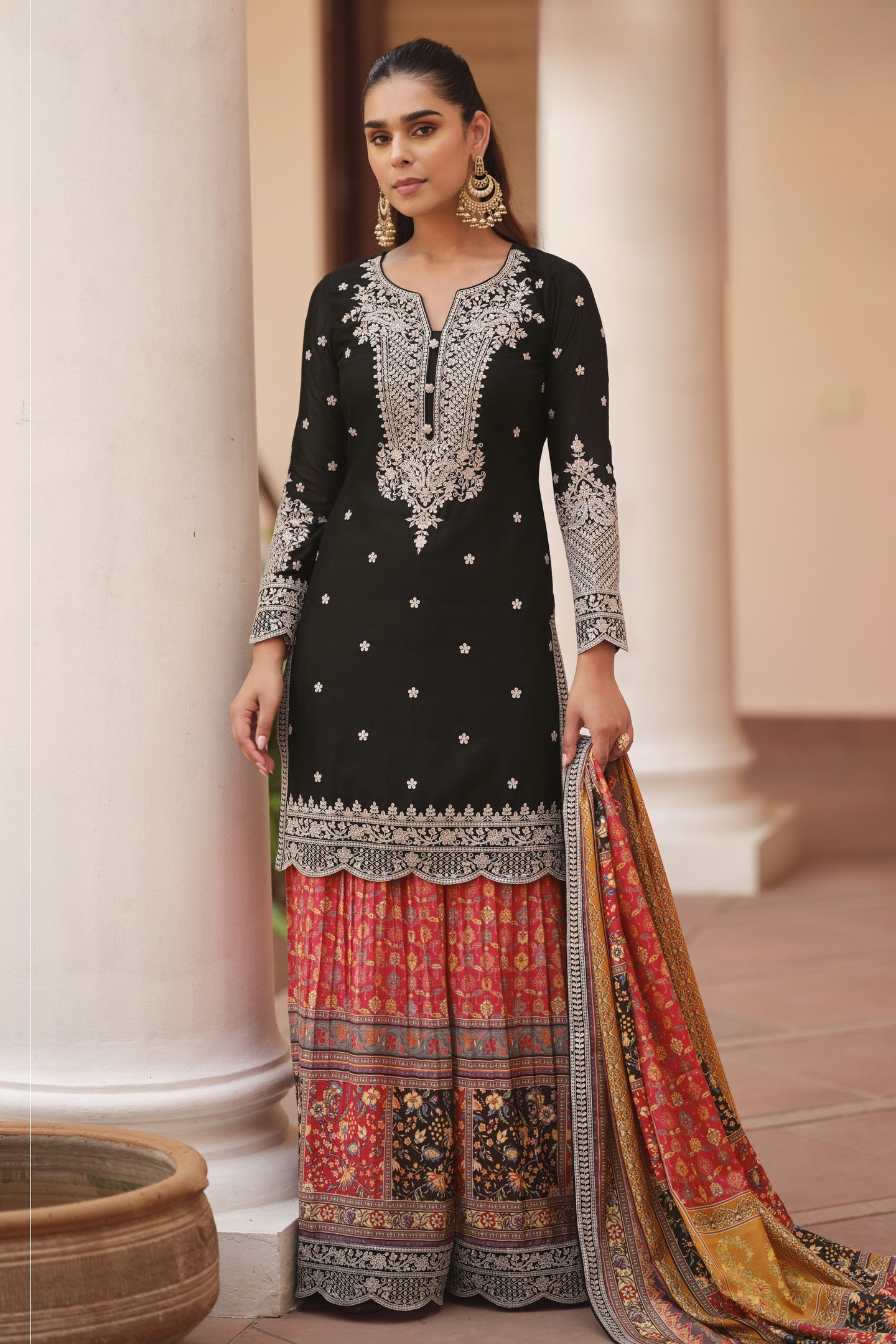 Black Palazzo for Women in Chinon Silk with Print & Embroidery