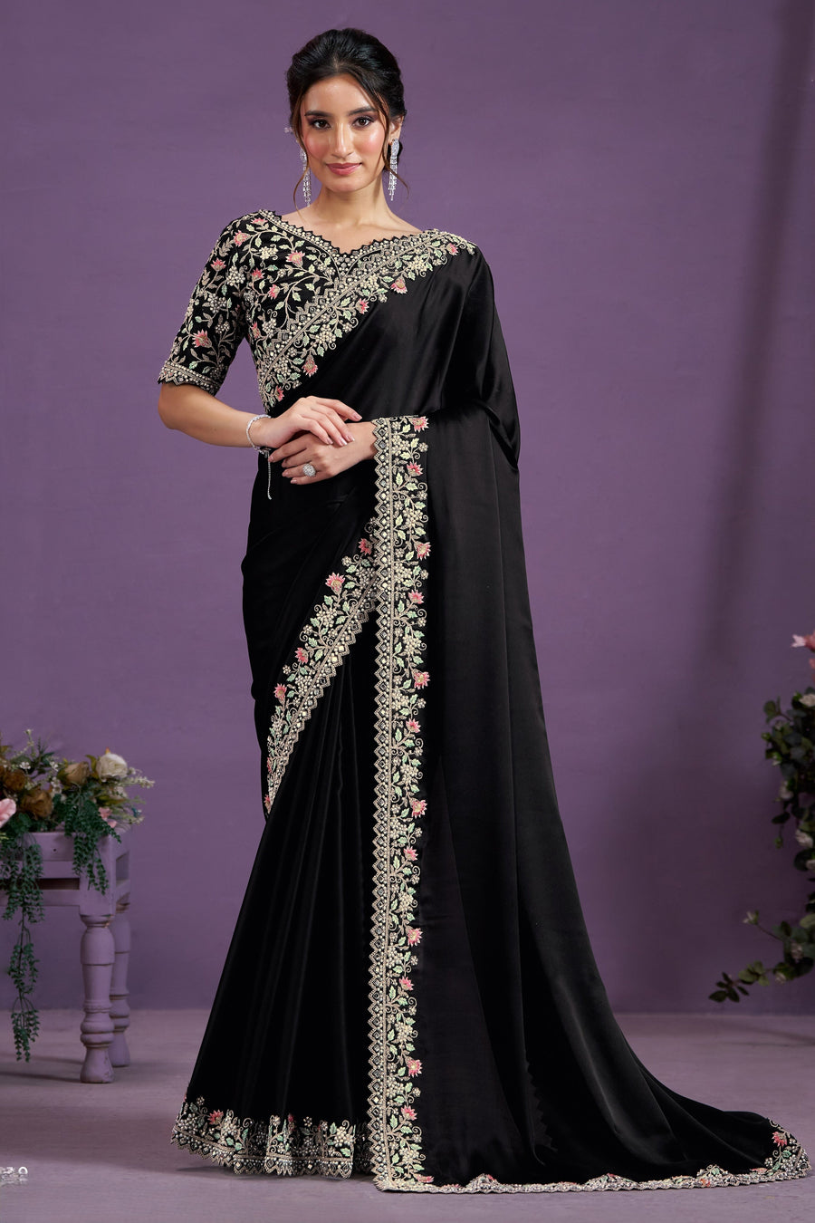 Black Satin Silk Saree With Stitched Blouse For Indian & Pakistani Wedding Festival - Thread Embroidery Work, Real Mirror Work, Moti Work