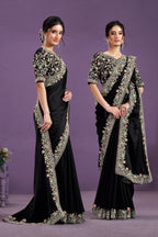 Black Satin Silk Saree With Stitched Blouse For Indian & Pakistani Wedding Festival - Thread Embroidery Work, Real Mirror Work, Moti Work