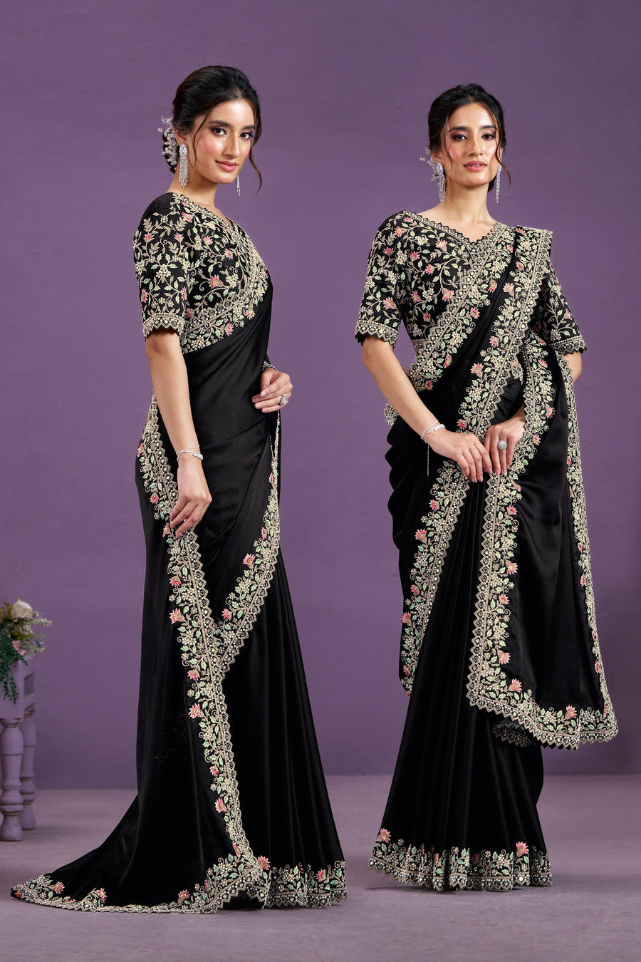 Black Satin Silk Saree With Stitched Blouse For Indian & Pakistani Wedding Festival - Thread Embroidery Work, Real Mirror Work, Moti Work