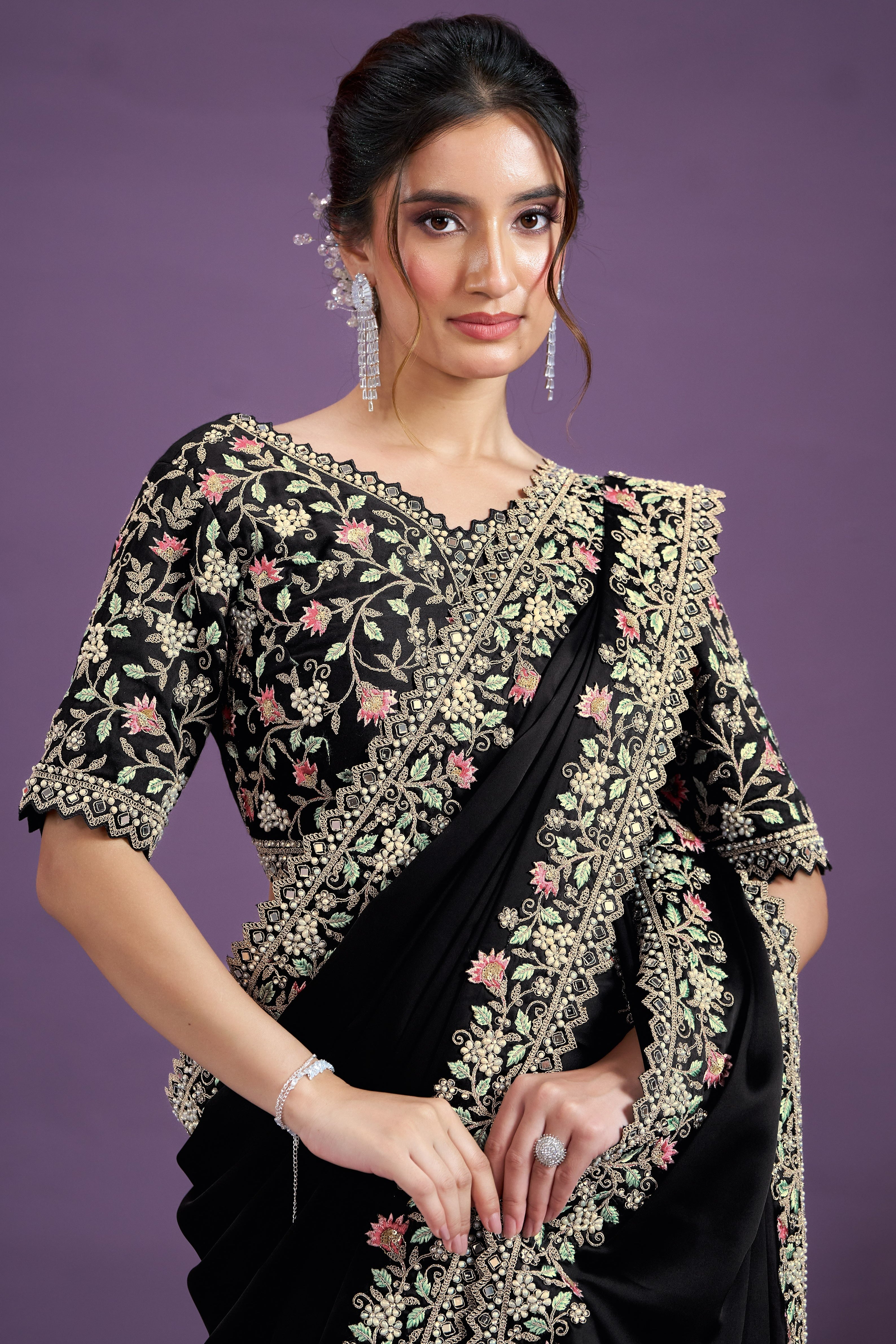 Black Satin Silk Saree With Stitched Blouse For Indian & Pakistani Wedding Festival - Thread Embroidery Work, Real Mirror Work, Moti Work