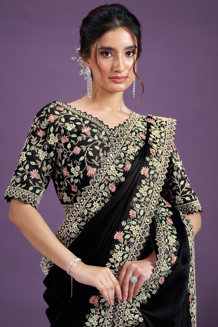 Black Satin Silk Saree With Stitched Blouse For Indian & Pakistani Wedding Festival - Thread Embroidery Work, Real Mirror Work, Moti Work