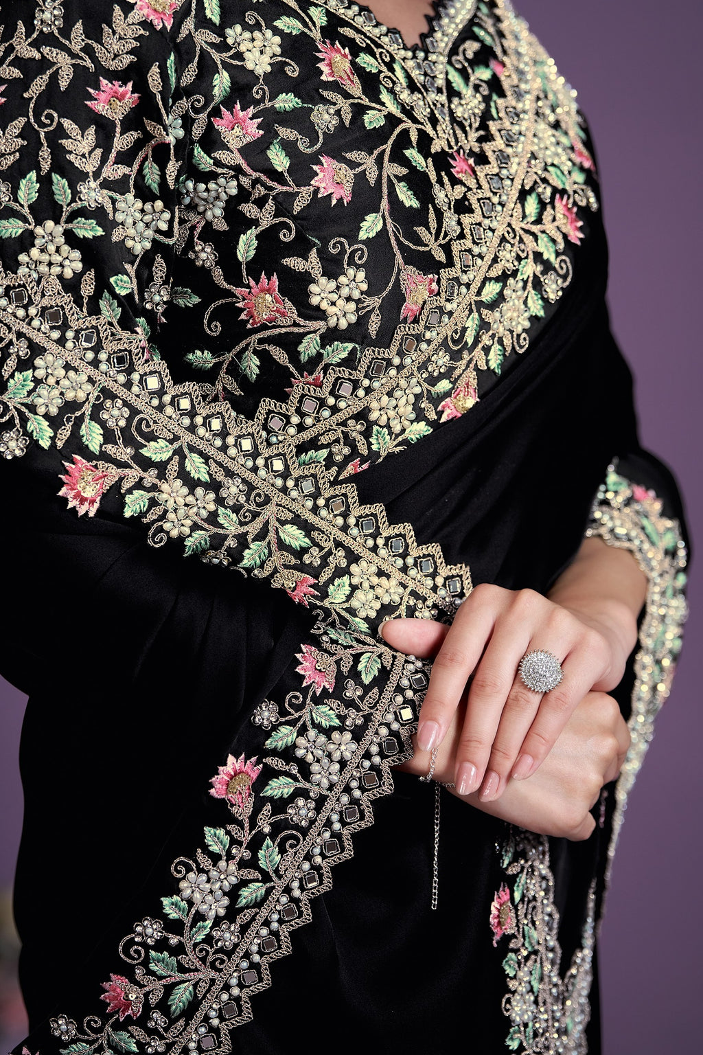 Black Satin Silk Saree With Stitched Blouse For Indian & Pakistani Wedding Festival - Thread Embroidery Work, Real Mirror Work, Moti Work