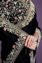 Black Satin Silk Saree With Stitched Blouse For Indian & Pakistani Wedding Festival - Thread Embroidery Work, Real Mirror Work, Moti Work