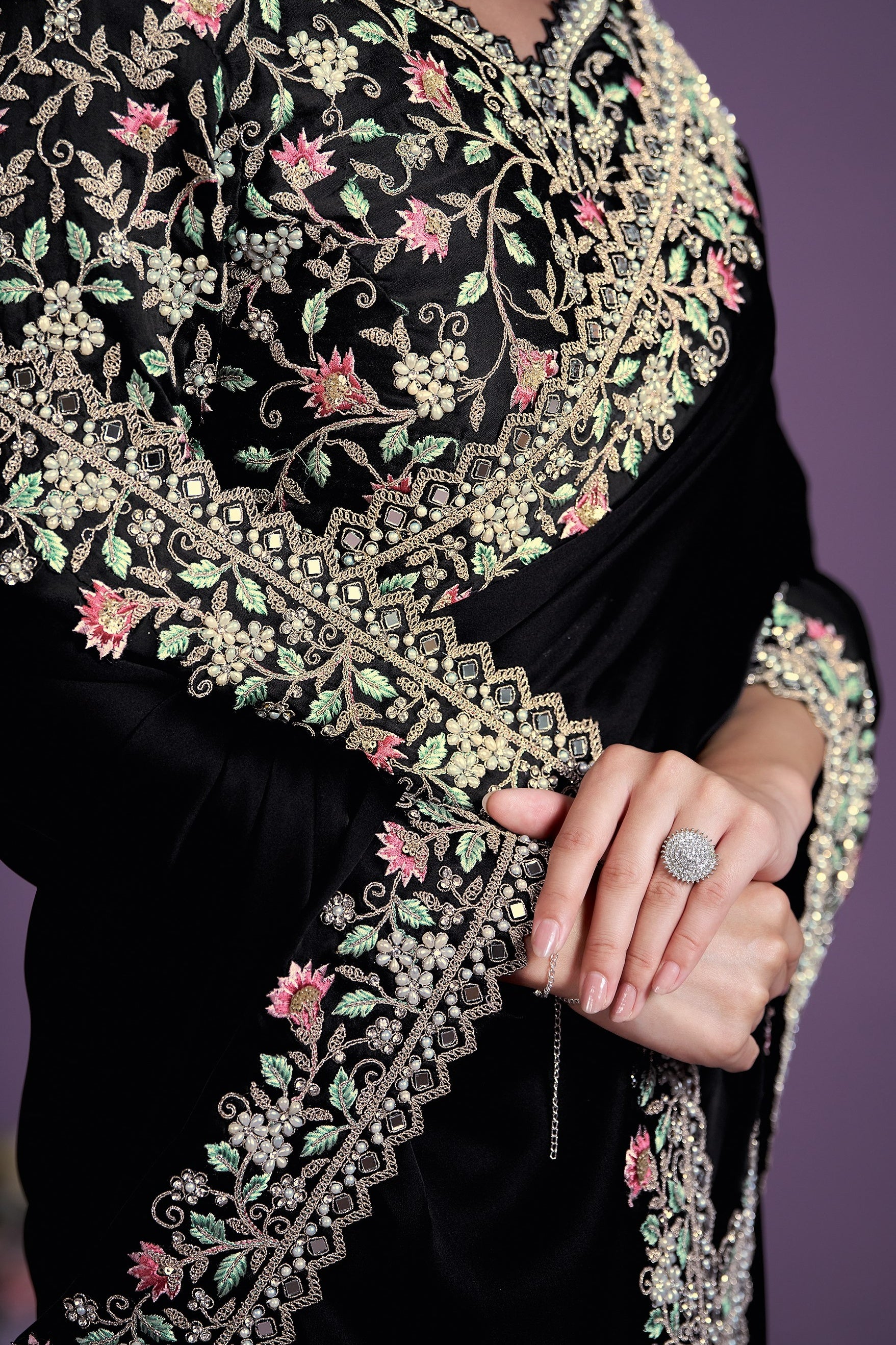 Black Satin Silk Saree With Stitched Blouse For Indian & Pakistani Wedding Festival - Thread Embroidery Work, Real Mirror Work, Moti Work