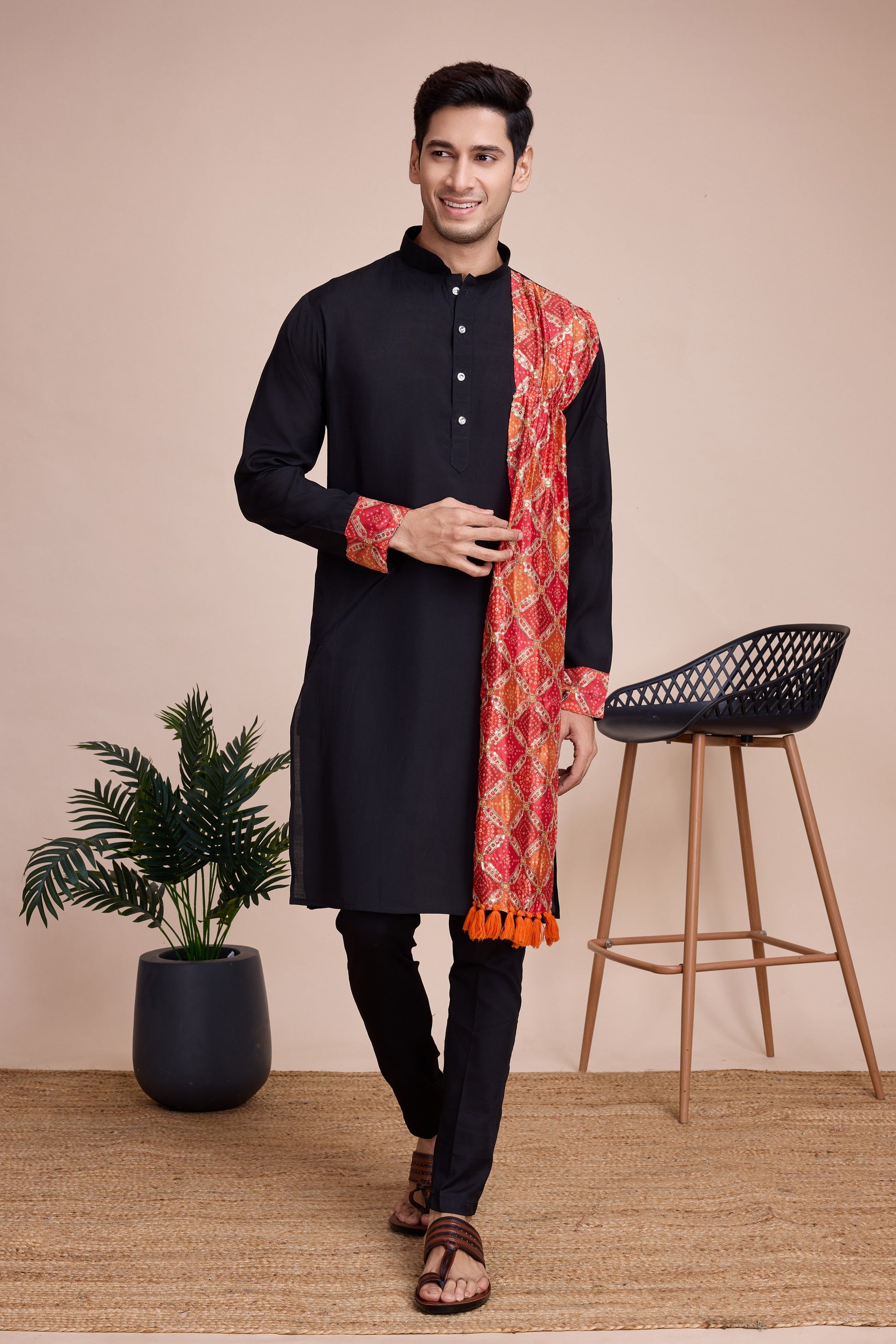 Black Silk Kurta Pyjama for Men For Navratri Garba Festivals Sequence Embroidery Work, Print Work
