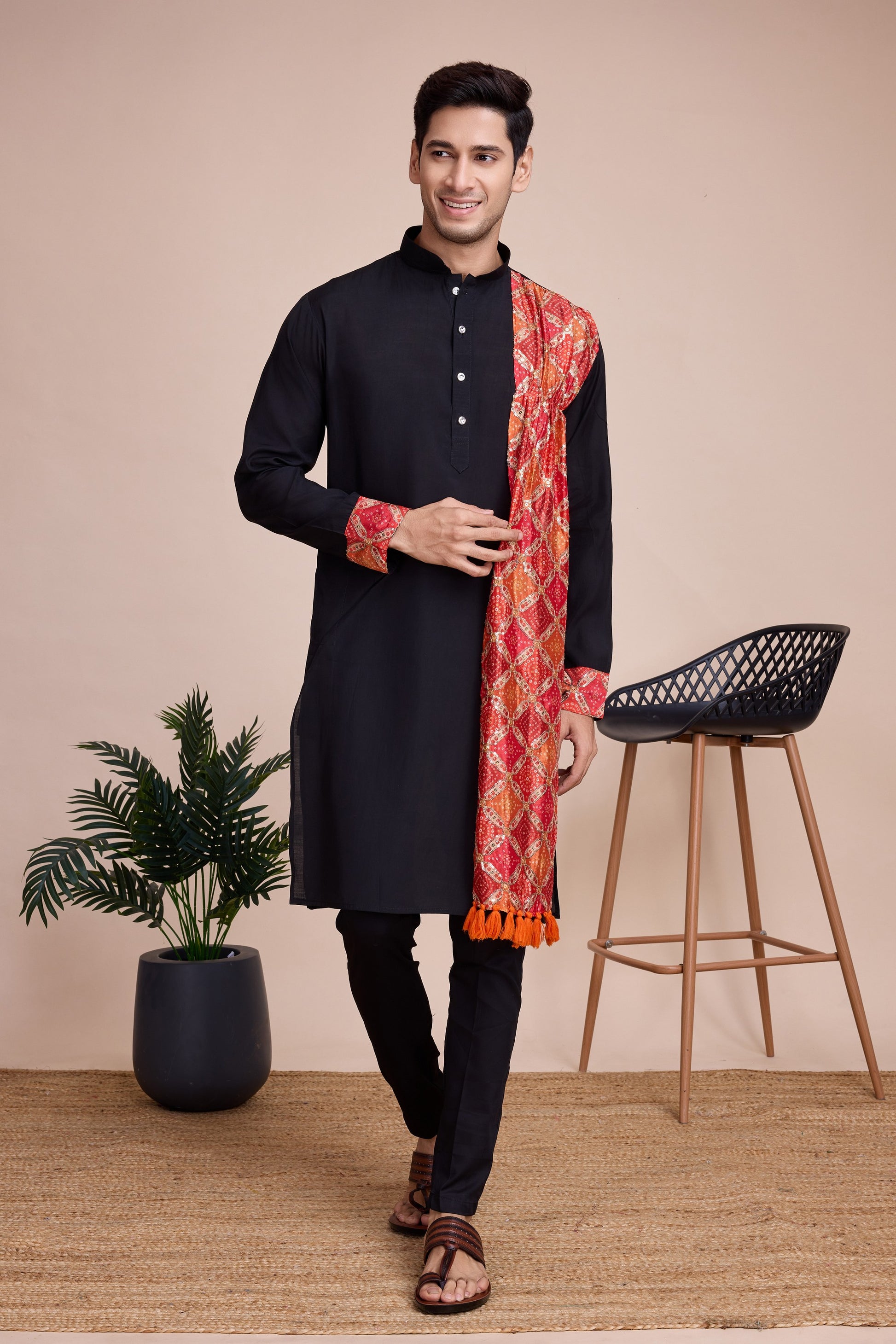 Black Silk Kurta Pyjama for Men For Navratri Garba Festivals - Sequence Embroidery Work, Print Work