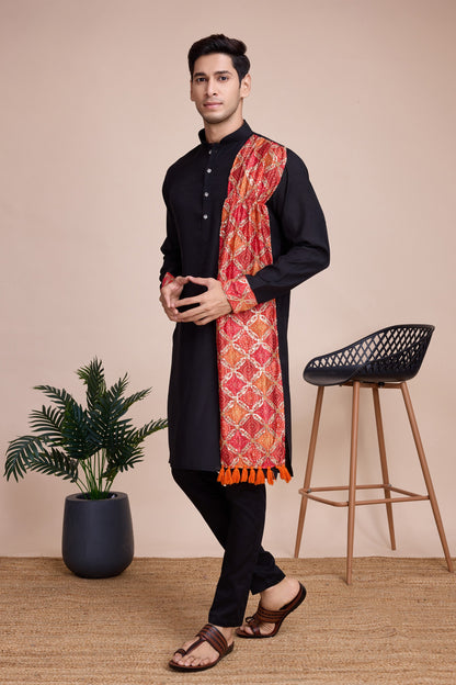 Black Silk Kurta Pyjama for Men For Navratri Garba Festivals - Sequence Embroidery Work, Print Work