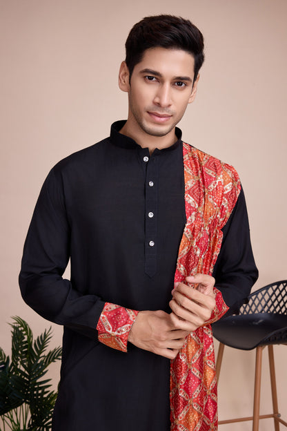 Black Silk Kurta Pyjama for Men For Navratri Garba Festivals - Sequence Embroidery Work, Print Work