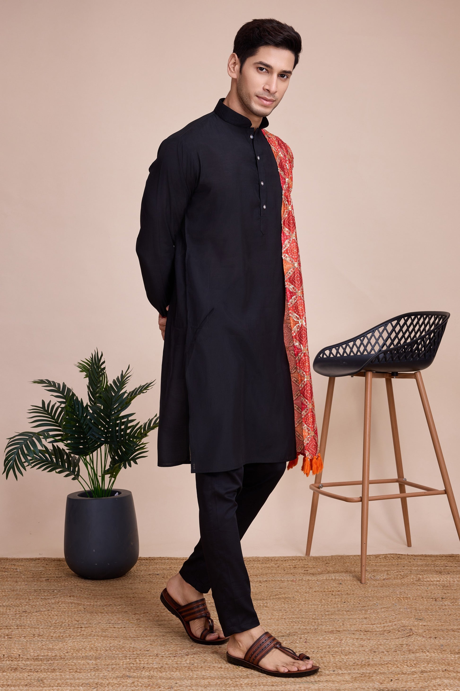 Black Silk Kurta Pyjama for Men For Navratri Garba Festivals - Sequence Embroidery Work, Print Work