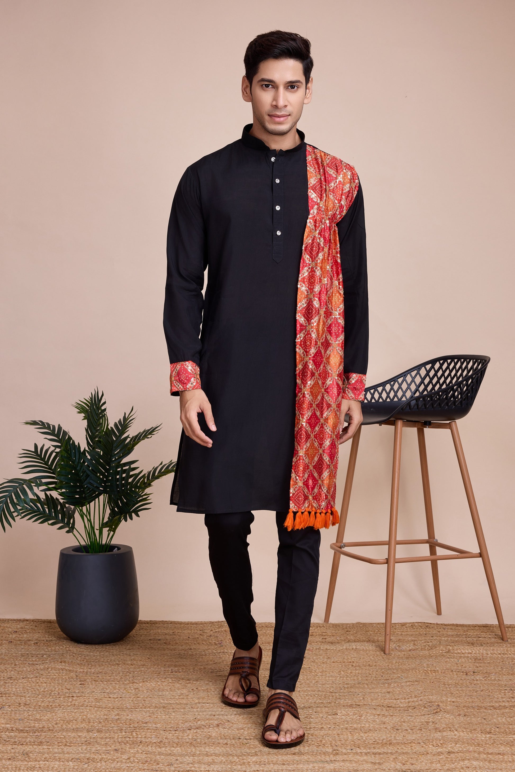 Black Silk Kurta Pyjama for Men For Navratri Garba Festivals - Sequence Embroidery Work, Print Work