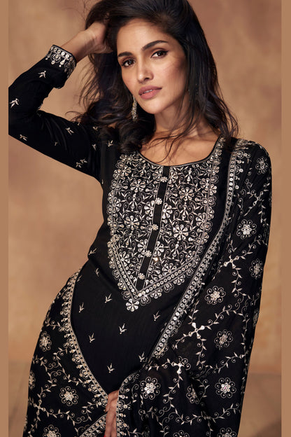 Black Silk Salwar Kameez Suit For Indian Festivals & Pakistani Weddings - Embroidery Work