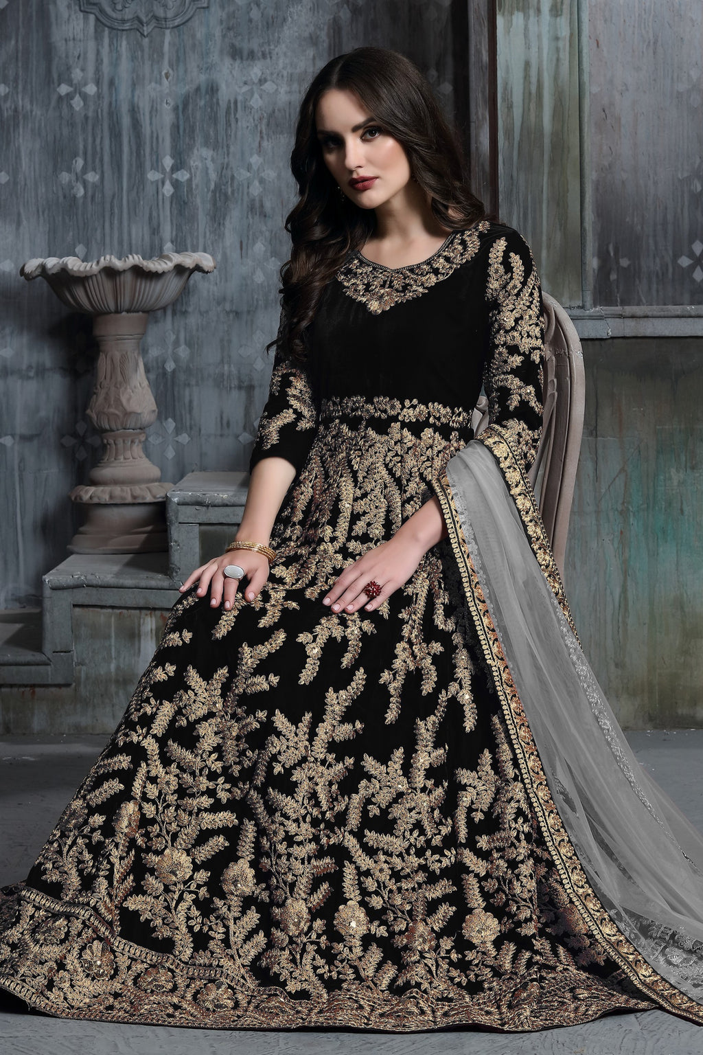 Black Velvet Suit Women Anarkali with Embroidery Work