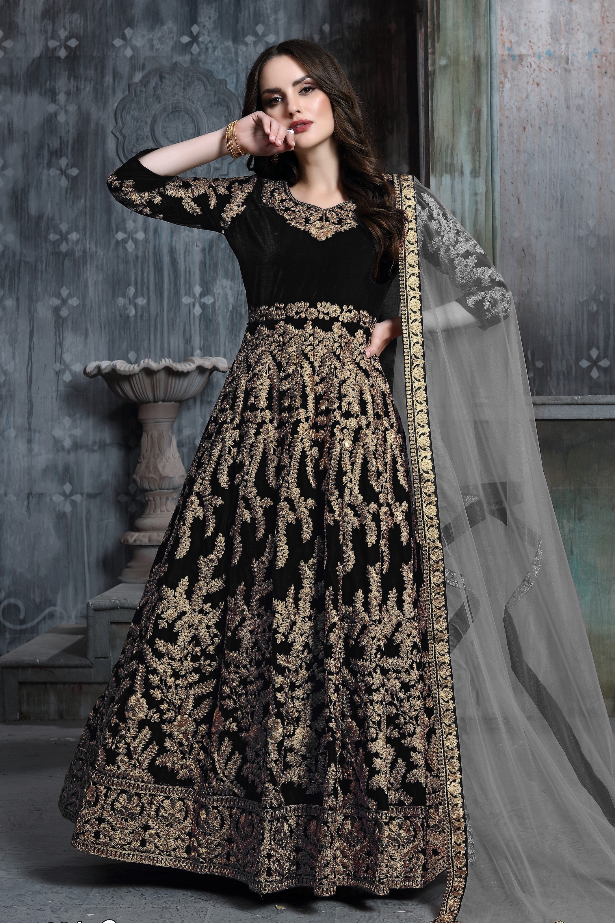 Black Velvet Suit Women Anarkali with Embroidery Work