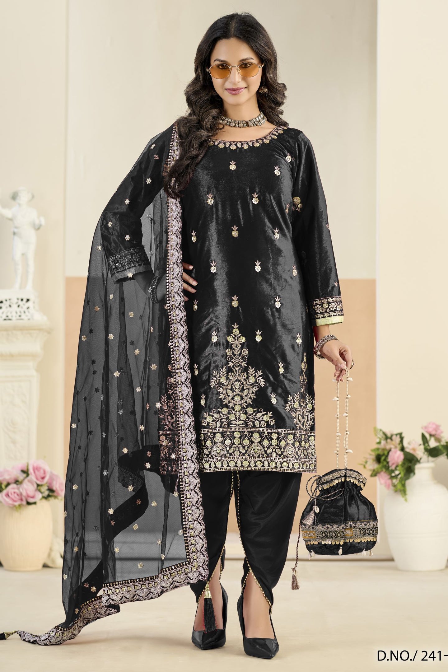 Black Velvet Suit Women with Zari and Sequins Embroidery