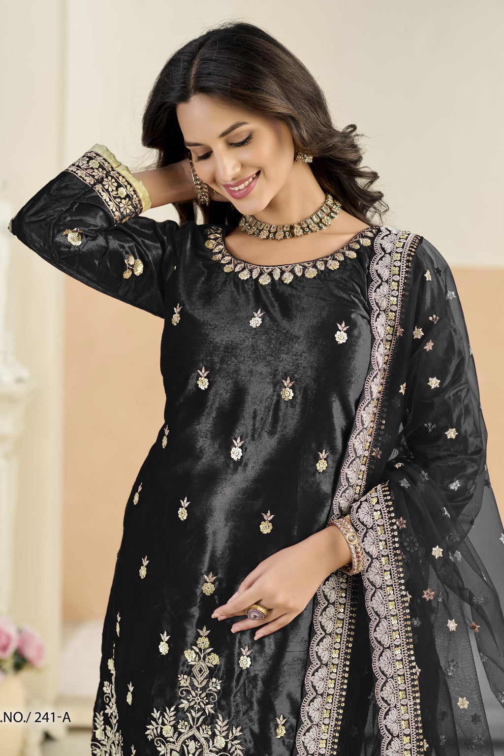Black Velvet Suit Women with Zari and Sequins Embroidery