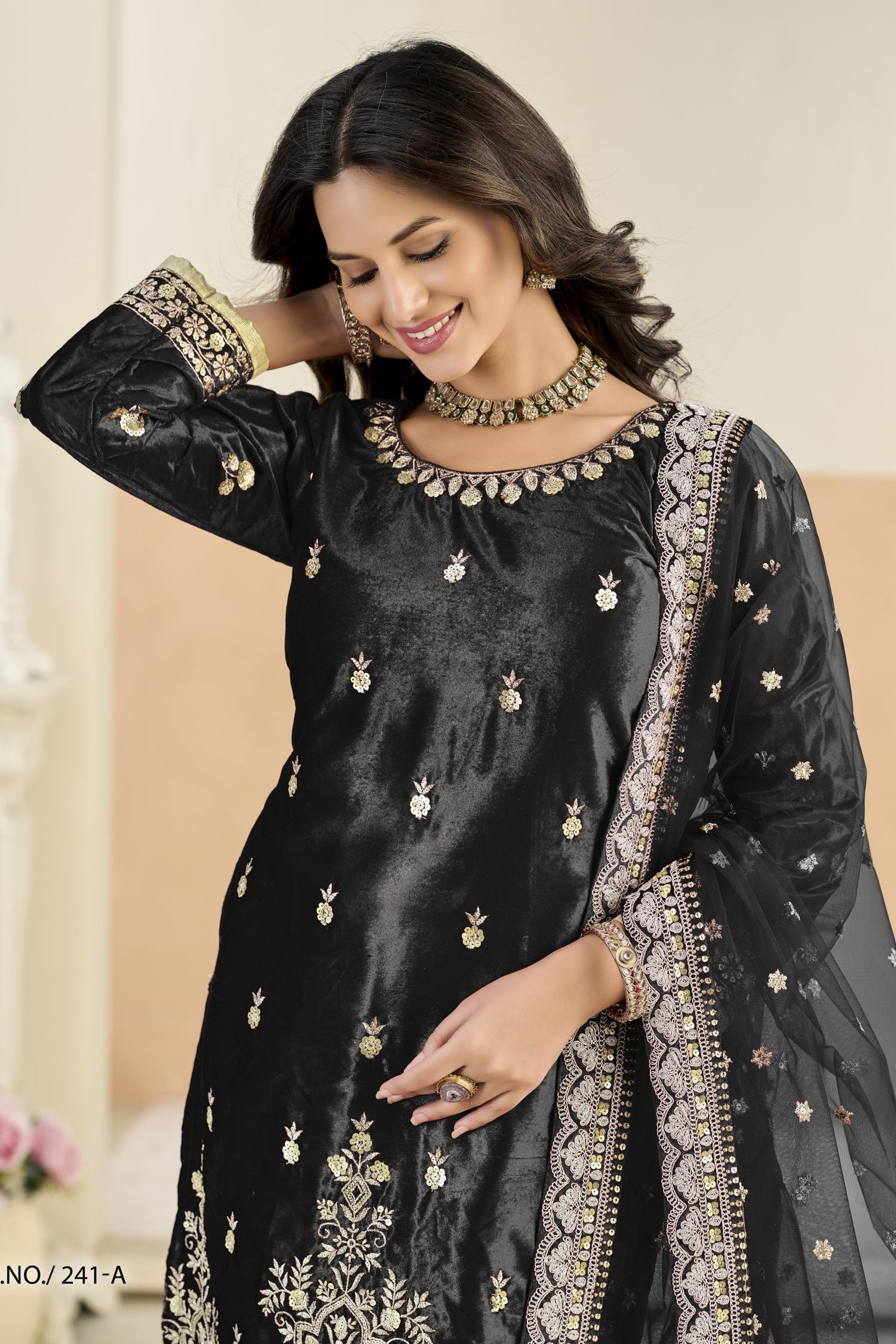 Black Velvet Suit Women with Zari and Sequins Embroidery