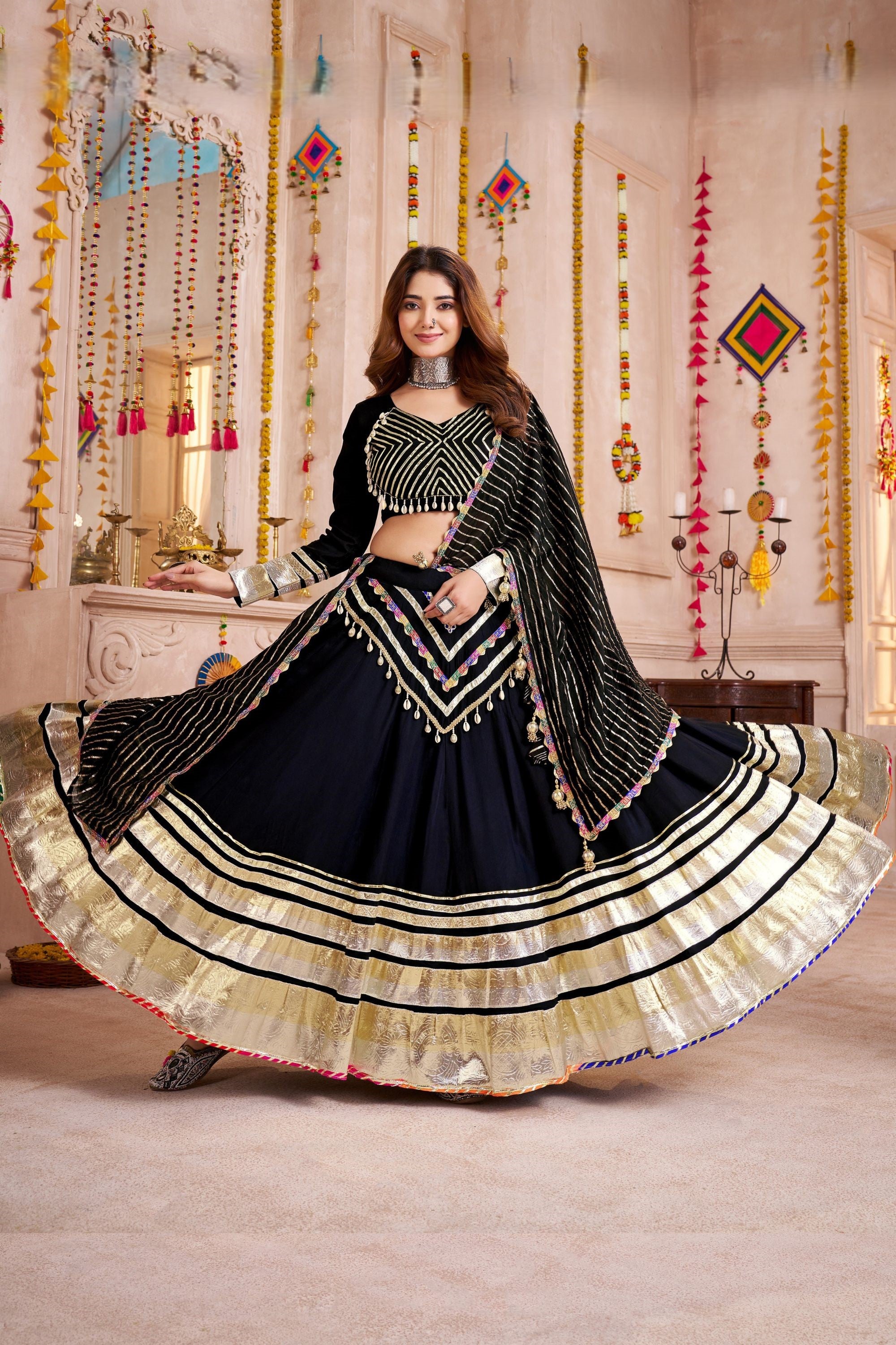Black Viscose Cotton Navaratri Garba Chaniya Choli For Indian 8 Meter Flair - Lace Work, Jacquard Work
