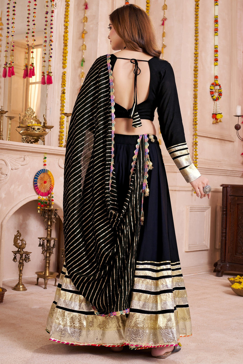 Black Viscose Cotton Navaratri Garba Chaniya Choli For Indian 8 Meter Flair - Lace Work, Jacquard Work