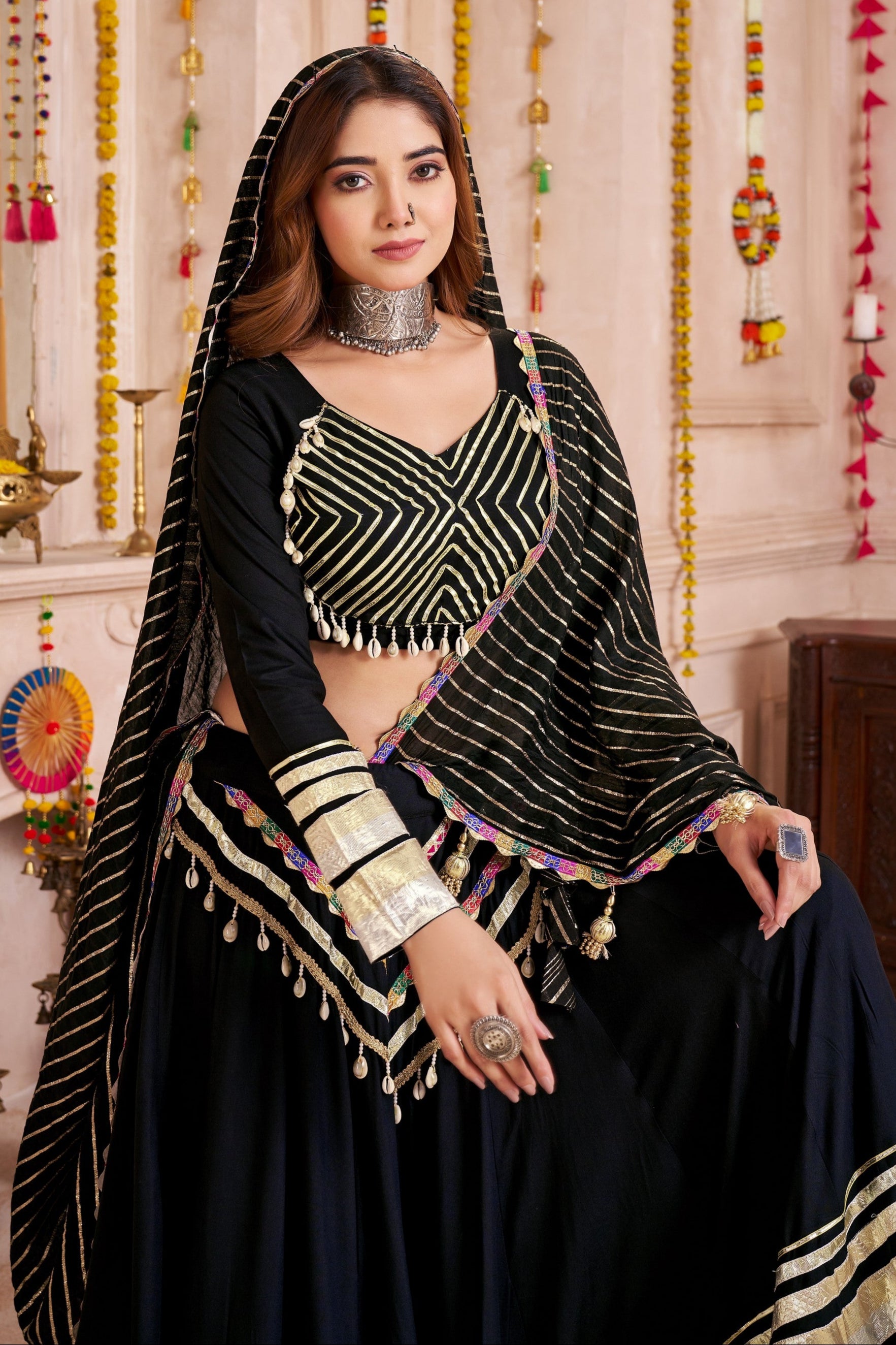 Black Viscose Cotton Navaratri Garba Chaniya Choli For Indian 8 Meter Flair - Lace Work, Jacquard Work