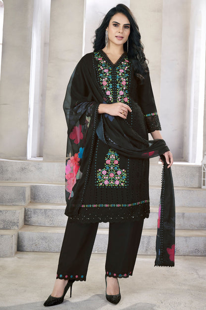 Black Viscose Silk Kameez with Pant Suit For Indian Festivals & Pakistani Weddings - Embroidery Work. Print Work