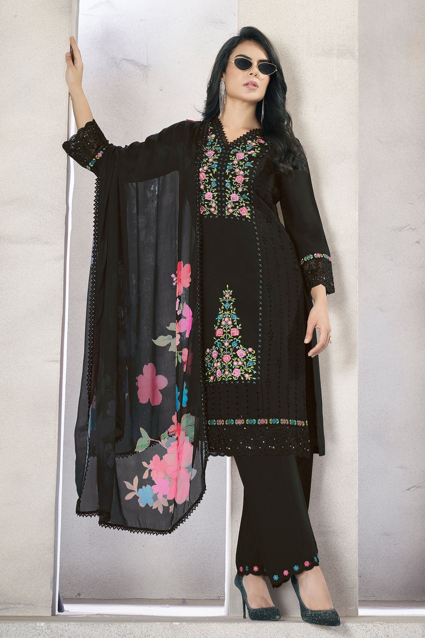 Black Viscose Silk Kameez with Pant Suit For Indian Festivals & Pakistani Weddings - Embroidery Work. Print Work