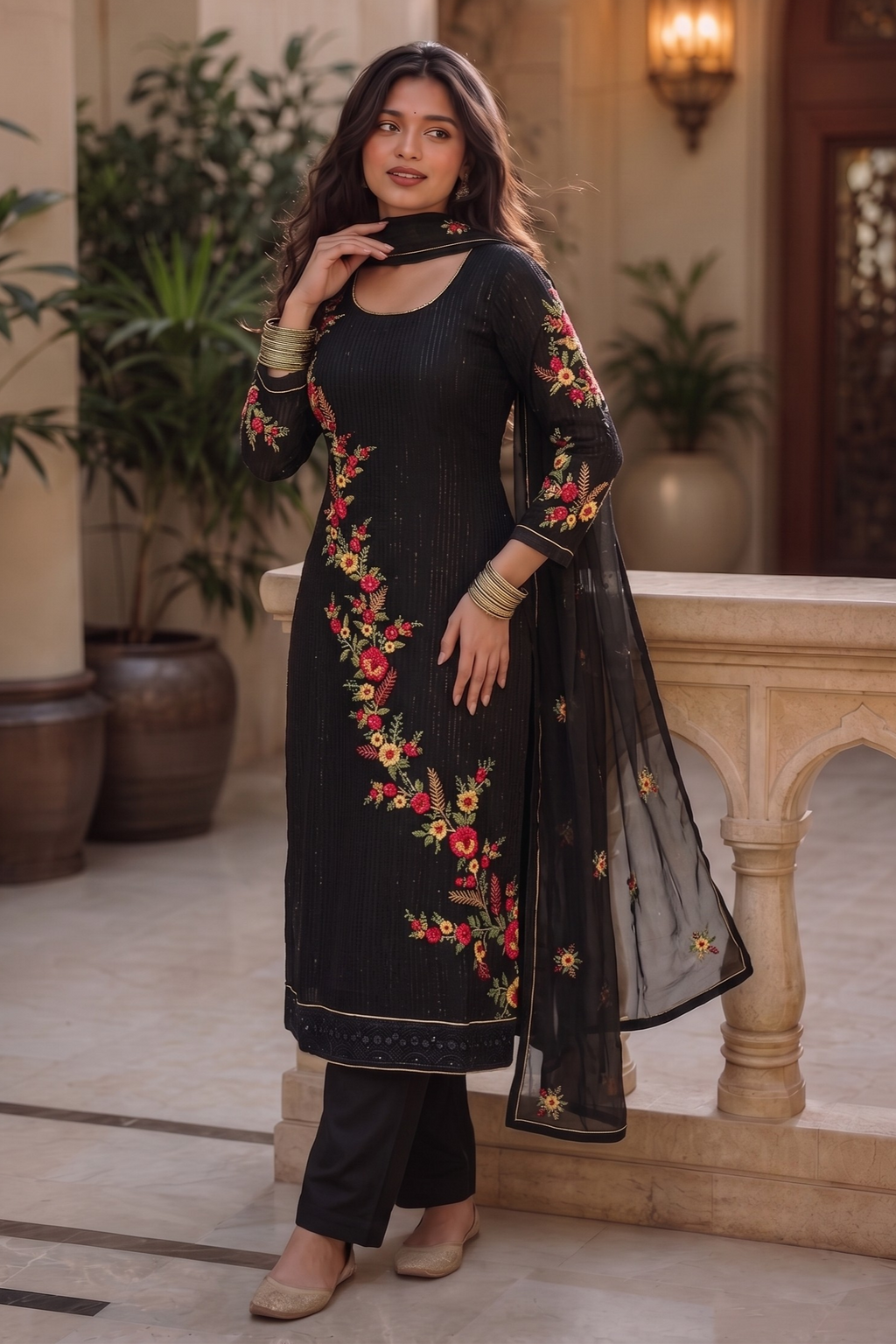 Black Georgette Suits for Indian & Pakistani Wedding Festival - Sequins & Thread Embroidery Work