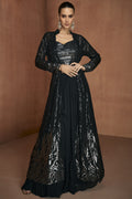 Black Party Wear Dress with Georgette Palazo Suit Jacket Sequin Mirror Work