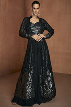 Black Party Wear Dress with Georgette Palazo Suit Jacket Sequin Mirror Work