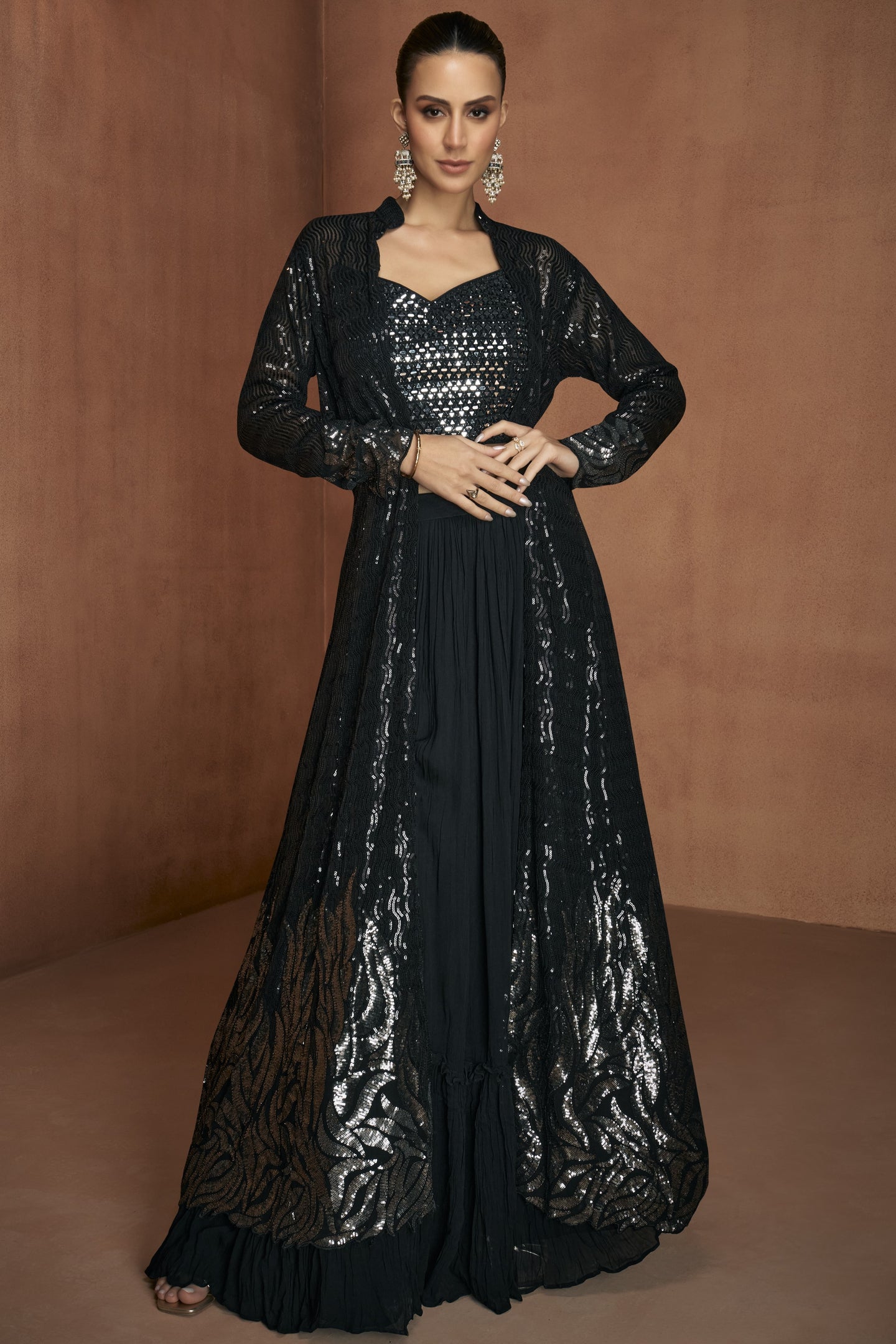 Black Party Wear Dress with Georgette Palazo Suit Jacket Sequin Mirror Work