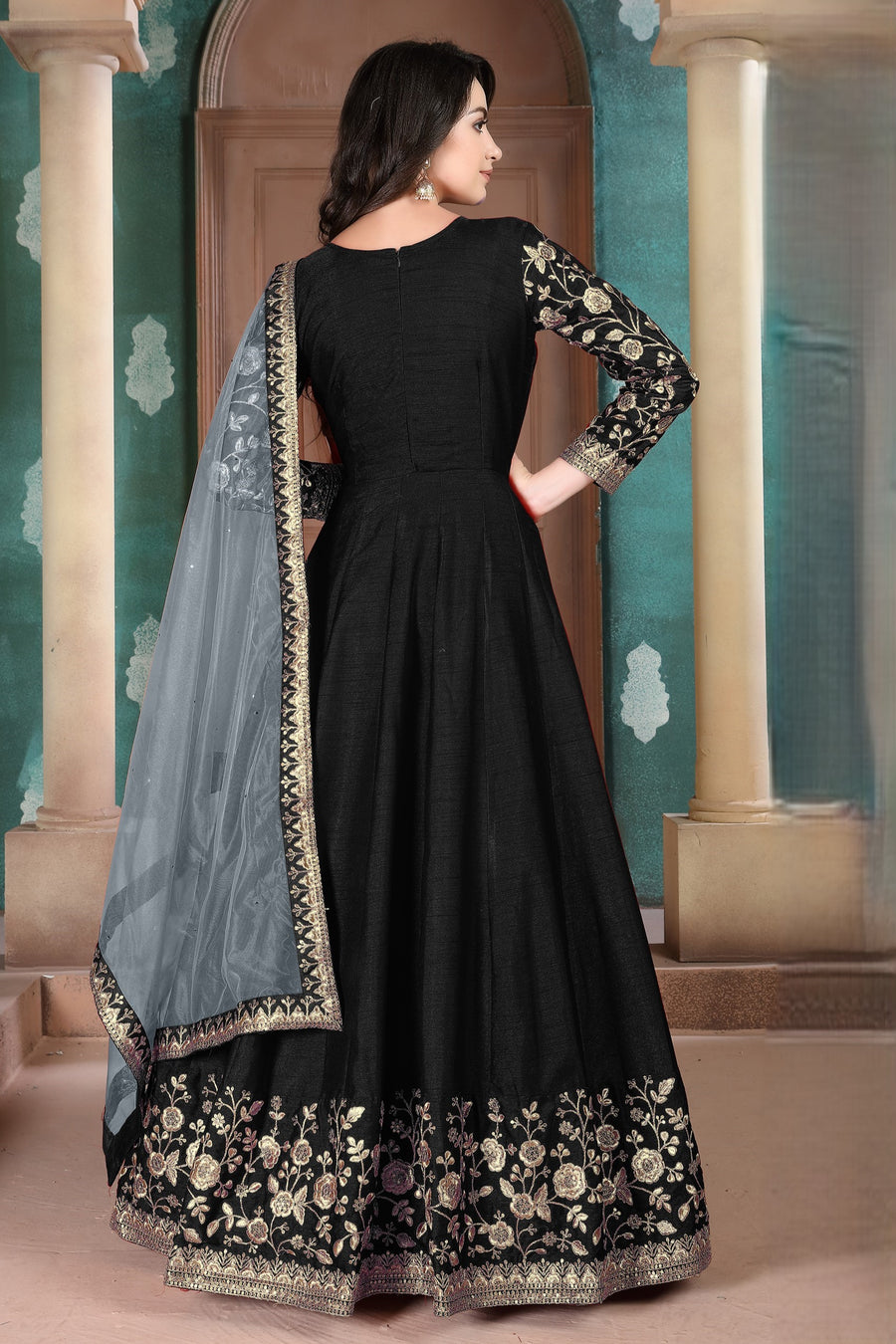 Black Chinon Silk Anarkali with Thread Embroidery for Indian Party Wear Dresses