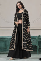 Black Chinon Silk Thread Work Crop Top with Jacket and Palazzo
