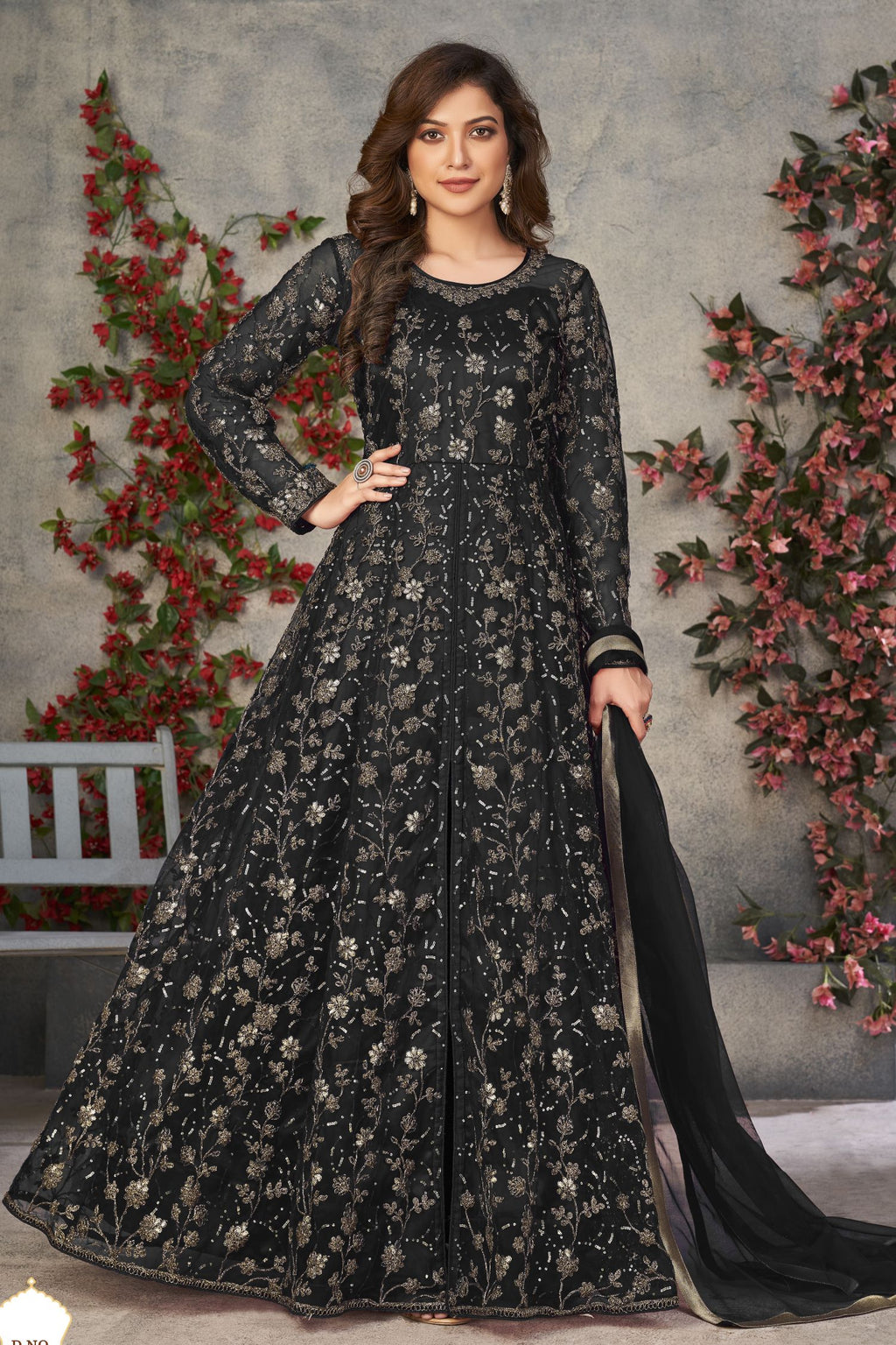 Black Net Anarkali Dress for Women with Thread and Sequins Embroidery Work