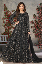 Black Net Anarkali Dress for Women with Thread and Sequins Embroidery Work