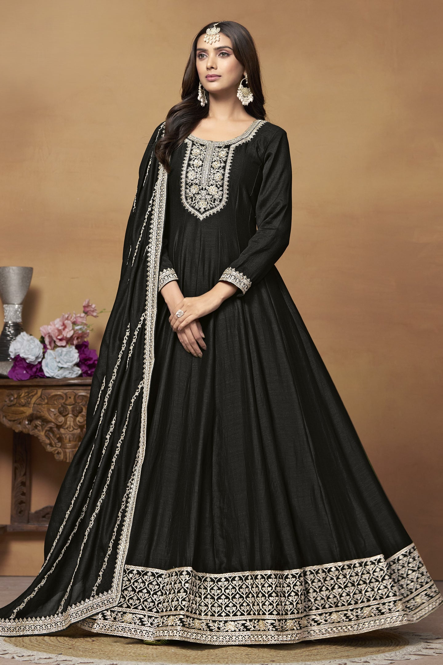 Black Art Silk Plain Anarkali Suit with Sequins and Dori Work