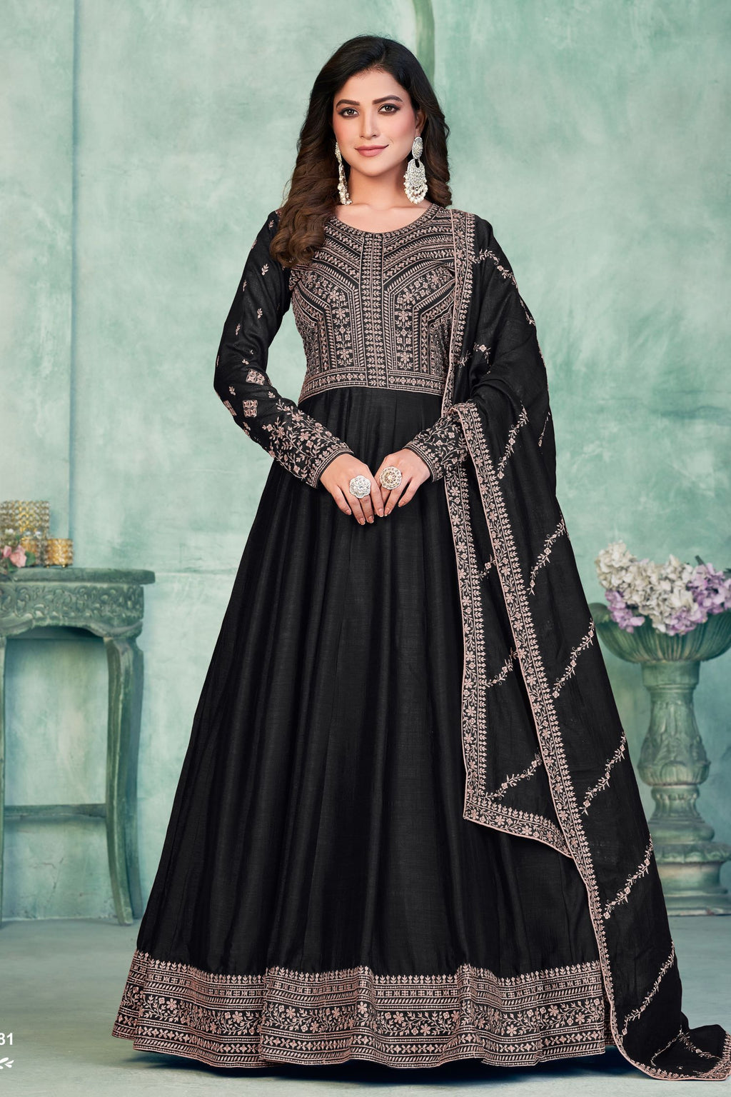 Black Art Silk Anarkali Suit for Wedding with Sequins and Thread Work
