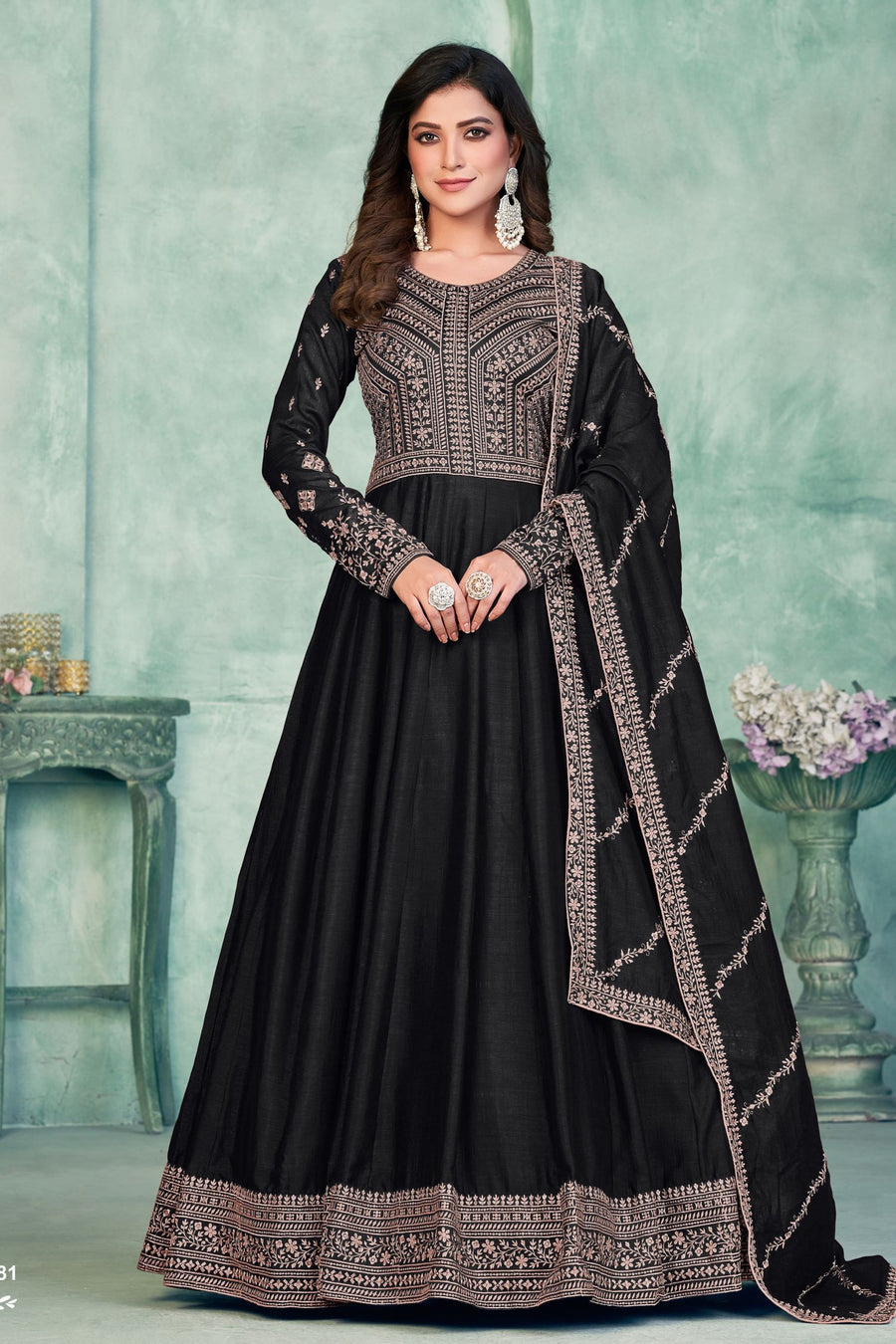 Black Art Silk Anarkali Suit for Wedding with Sequins and Thread Work