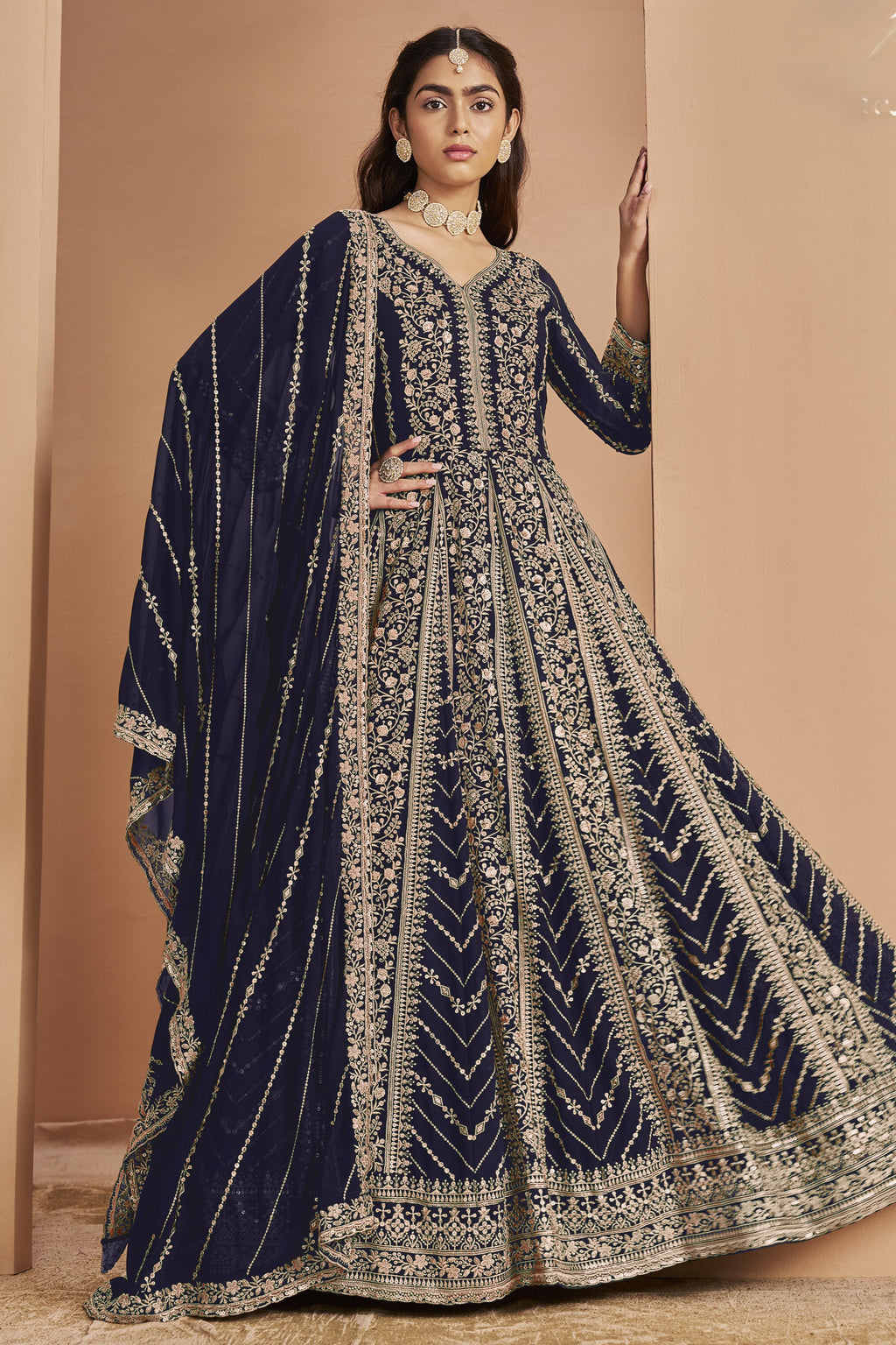 Navy Georgette Anarkali Dress for Reception with Thread and Sequins Work
