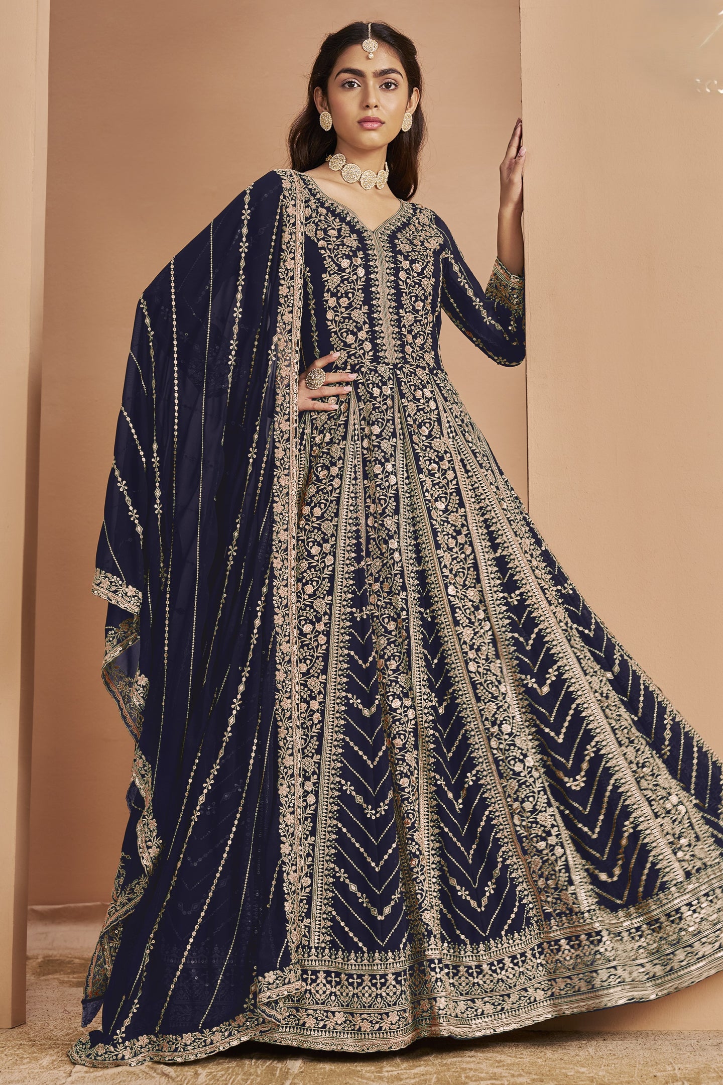 Navy Georgette Anarkali Dress for Reception with Thread and Sequins Work