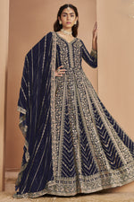 Navy Georgette Anarkali Dress for Reception with Thread and Sequins Work