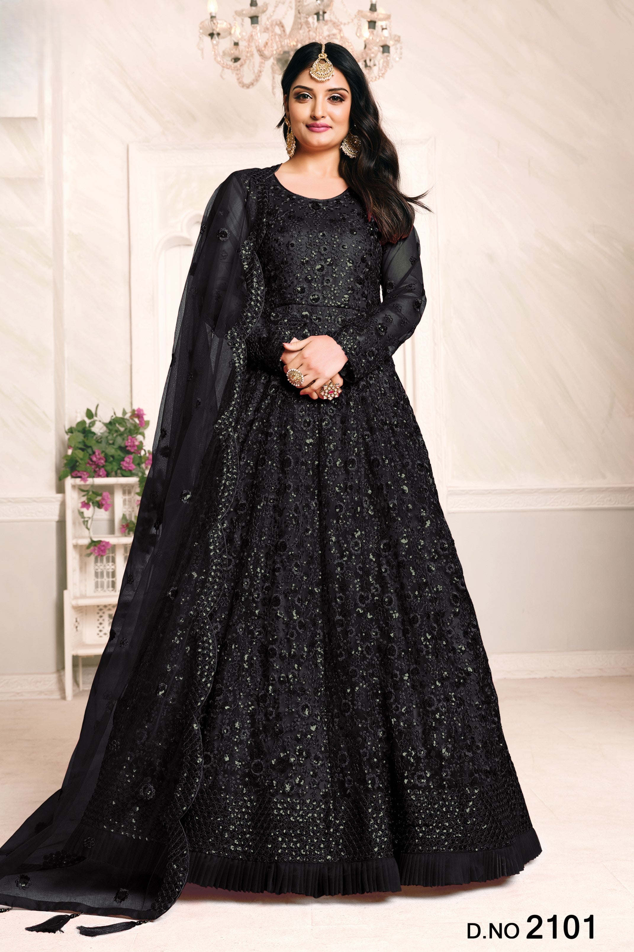 Black Net Sequins Embroidery Anarkali Outfits for Mehndi