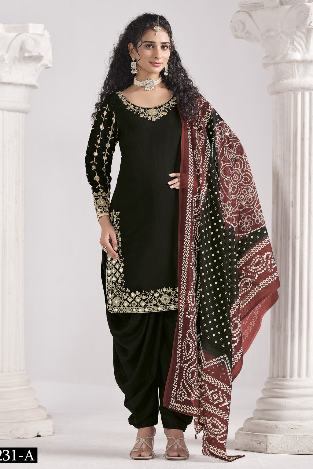 Black Chinon Silk Wedding Salwar Kameez with Zari and Mirror Work