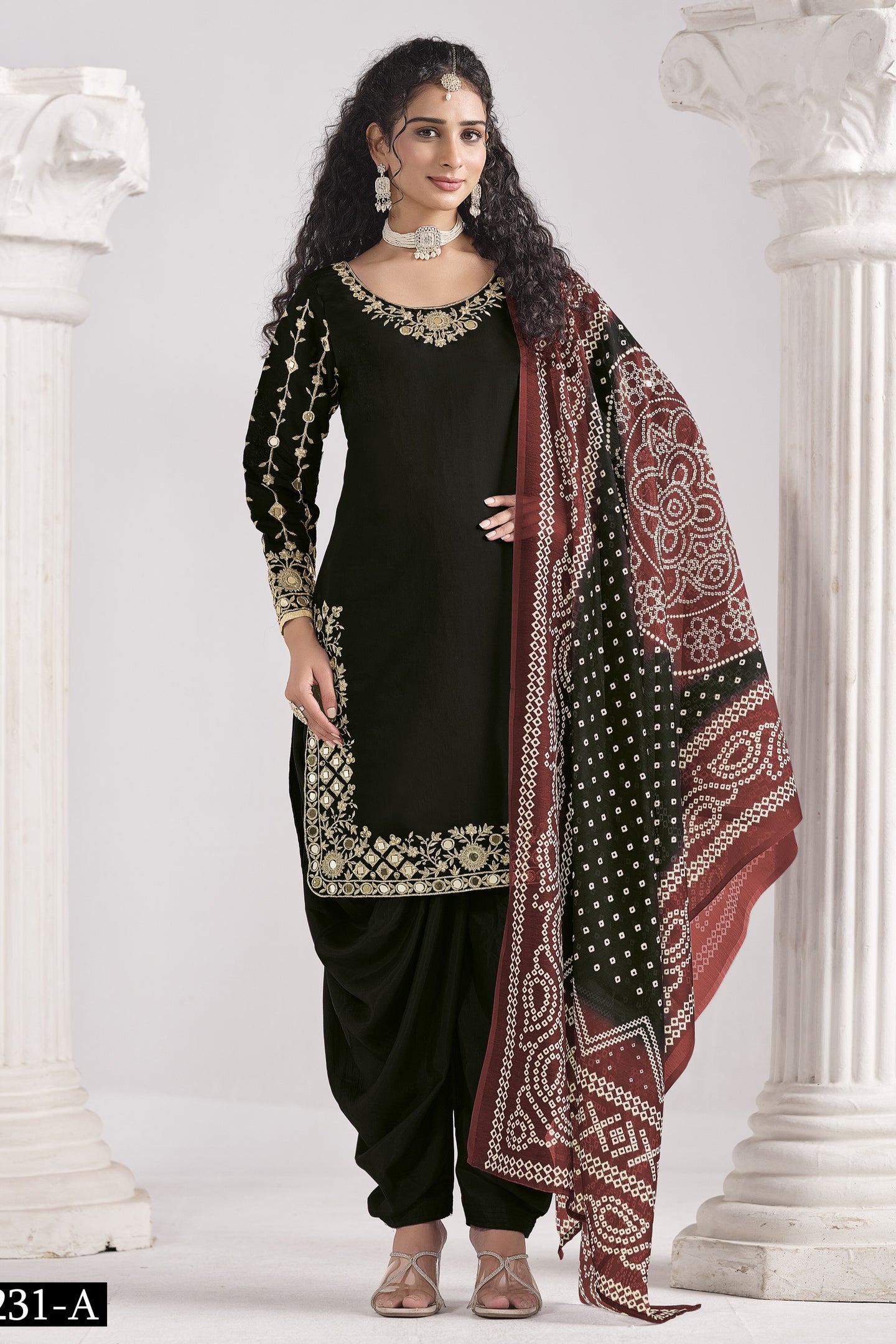 Black Chinon Silk Wedding Salwar Kameez with Zari and Mirror Work