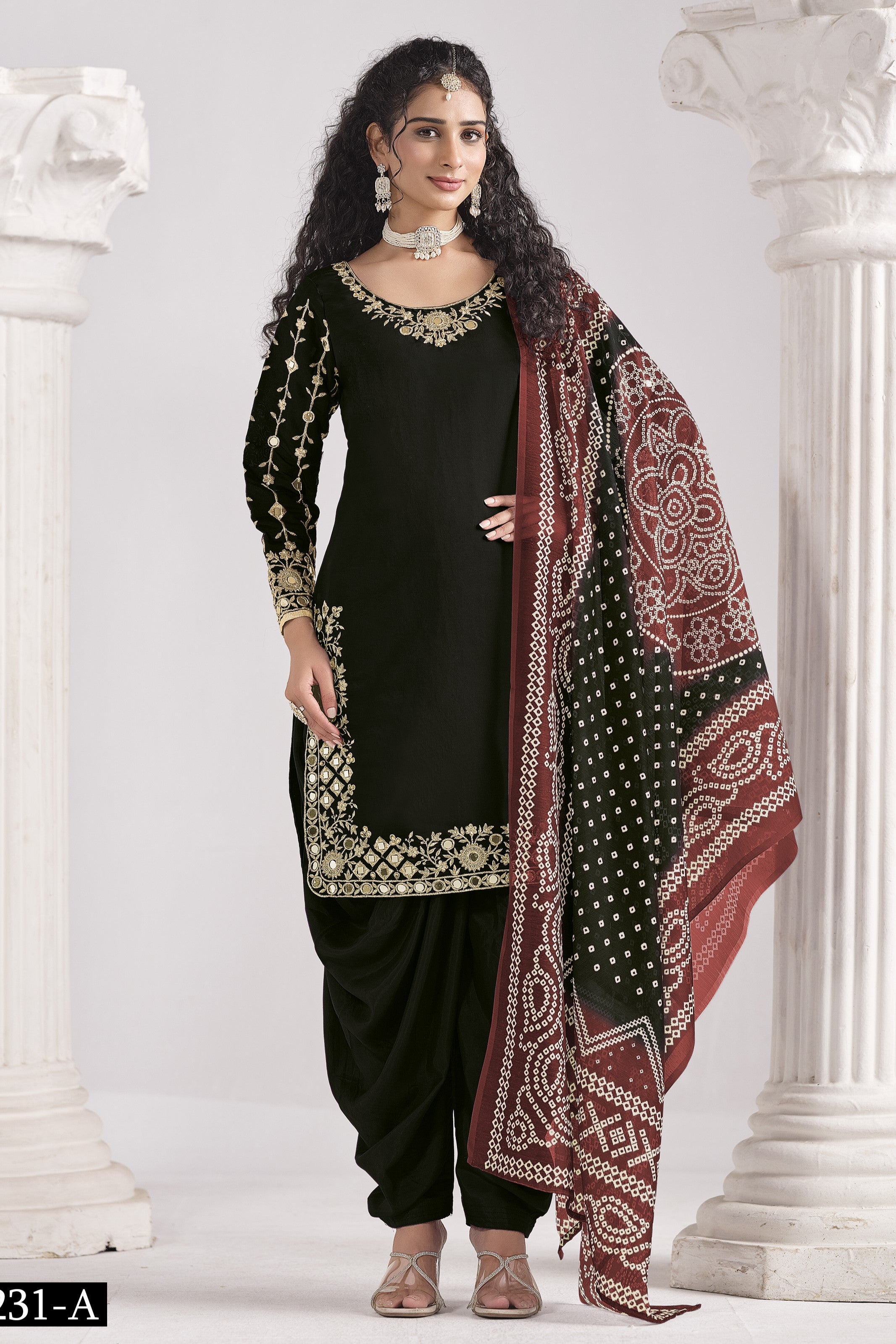 Black Chinon Silk Wedding Salwar Kameez with Zari and Mirror Work