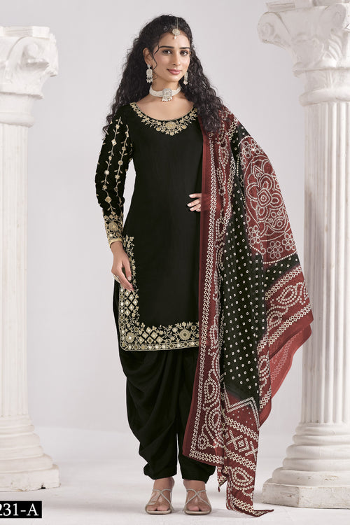 Black Chinon Silk Wedding Salwar Kameez with Zari and Mirror Work